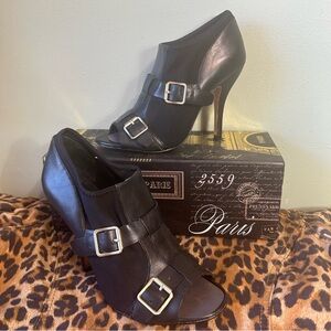 SAKS Fifth Avenue Black Leather Open Peep Toe Side Buckle Heeled Ankle Boots